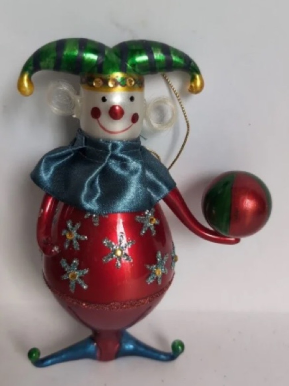 Festive Red and Green Jester Holiday Ornament with Blue Collar